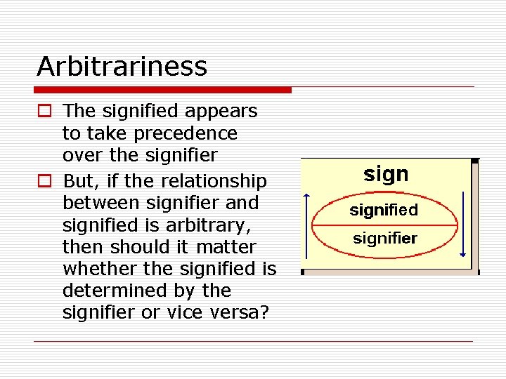 Arbitrariness o The signified appears to take precedence over the signifier o But, if Arbitrariness o The signified appears to take precedence over the signifier o But, if
