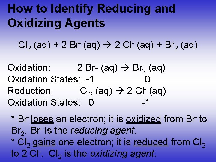 How to Identify Reducing and Oxidizing Agents Cl 2 (aq) + 2 Br- (aq)