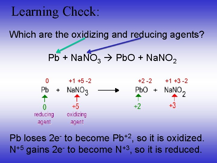 Learning Check: Which are the oxidizing and reducing agents? Pb + Na. NO 3