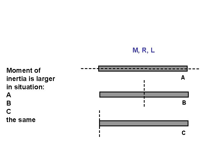 M, R, L Moment of inertia is larger in situation: A B C the