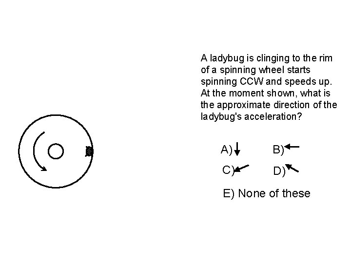 A ladybug is clinging to the rim of a spinning wheel starts spinning CCW A ladybug is clinging to the rim of a spinning wheel starts spinning CCW