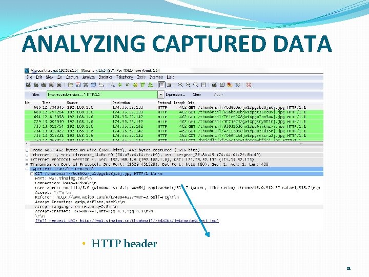 ANALYZING CAPTURED DATA • HTTP header 11 