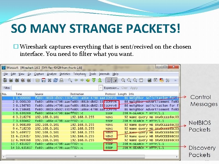 SO MANY STRANGE PACKETS! � Wireshark captures everything that is sent/recived on the chosen