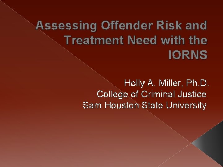 Assessing Offender Risk and Treatment Need with the IORNS Holly A. Miller, Ph. D.