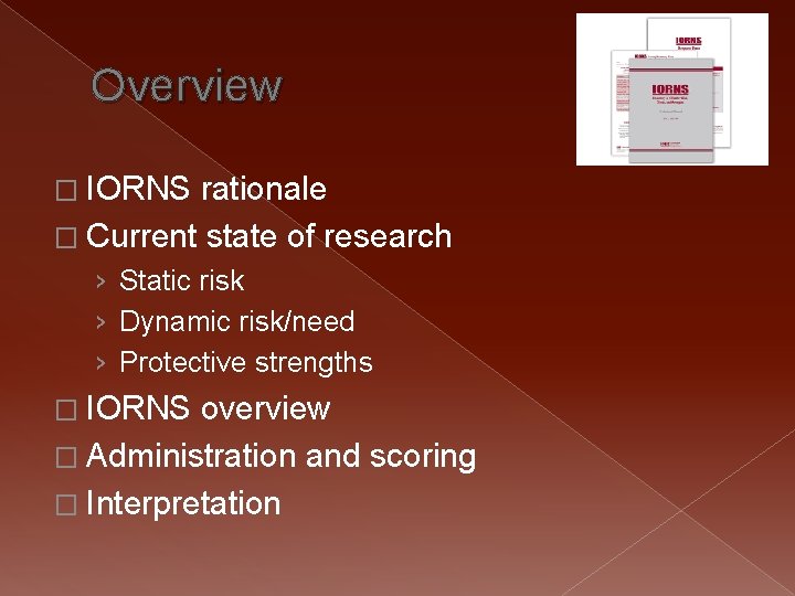 Overview � IORNS rationale � Current state of research › Static risk › Dynamic