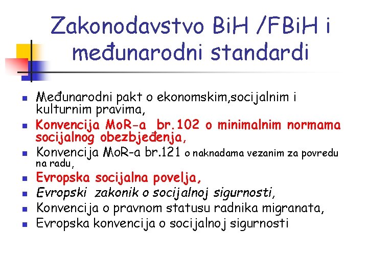 Zakonodavstvo Bi. H /FBi. H i međunarodni standardi n n n n Međunarodni pakt