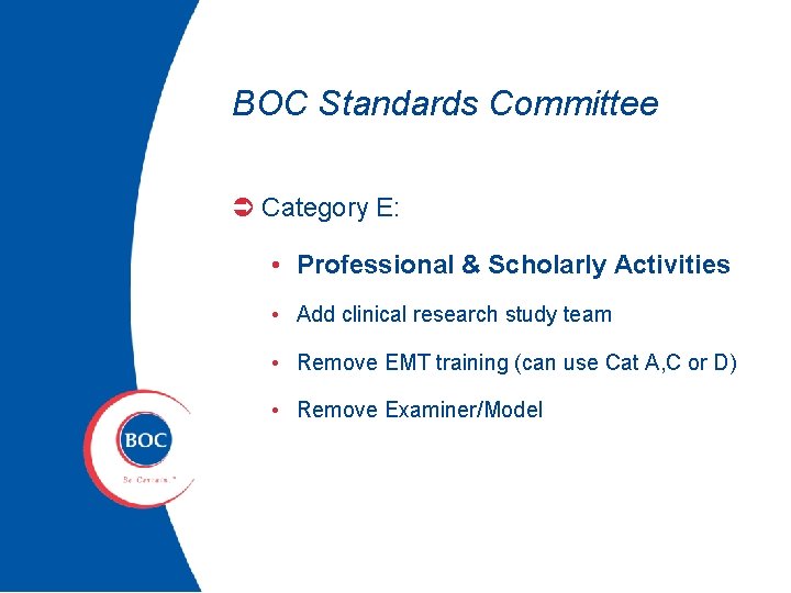 BOC Standards Committee Ü Category E: • Professional & Scholarly Activities • Add clinical