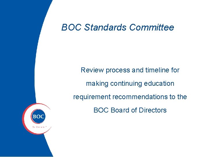 BOC Standards Committee Review process and timeline for making continuing education requirement recommendations to