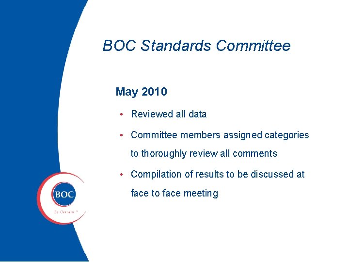 BOC Standards Committee May 2010 • Reviewed all data • Committee members assigned categories