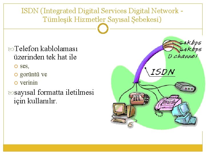 ISDN (Integrated Digital Services Digital Network Tümleşik Hizmetler Sayısal Şebekesi) Telefon kablolaması üzerinden tek