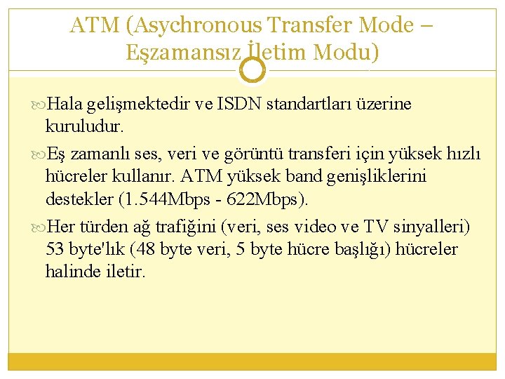 ATM (Asychronous Transfer Mode – Eşzamansız İletim Modu) Hala gelişmektedir ve ISDN standartları üzerine