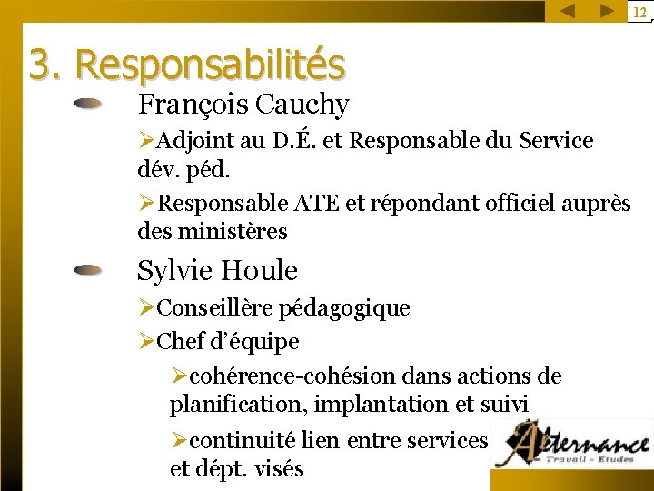 12 3. Responsabilités François Cauchy ØAdjoint au D. É. et Responsable du Service dév.
