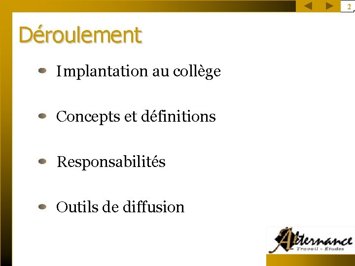 2 Déroulement Implantation au collège Concepts et définitions Responsabilités Outils de diffusion 