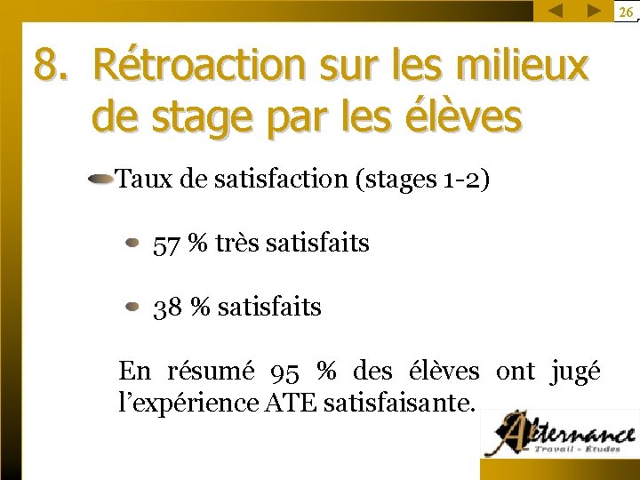 26 8. Rétroaction sur les milieux de stage par les élèves Taux de satisfaction