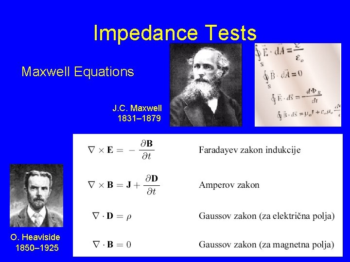 Impedance Tests Maxwell Equations J. C. Maxwell 1831– 1879 O. Heaviside 1850– 1925 