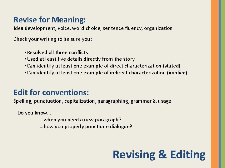 Revise for Meaning: Idea development, voice, word choice, sentence fluency, organization Check your writing