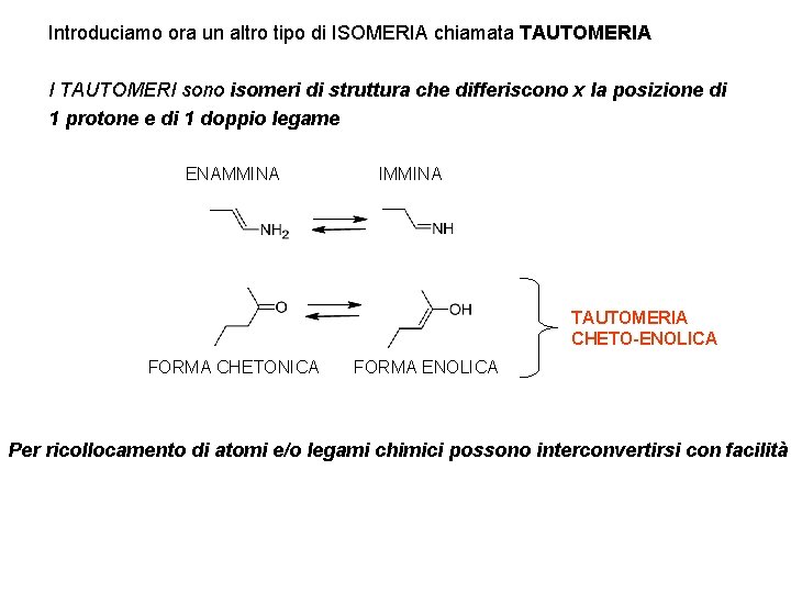 Introduciamo ora un altro tipo di ISOMERIA chiamata TAUTOMERIA I TAUTOMERI sono isomeri di