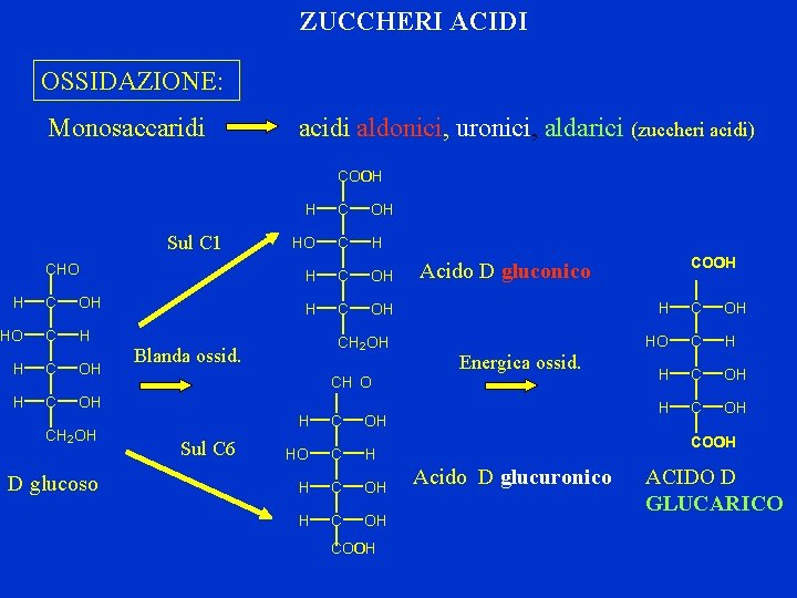 ZUCCHERI ACIDI OSSIDAZIONE: Monosaccaridi acidi aldonici, uronici, aldarici (zuccheri acidi) COO OH H C