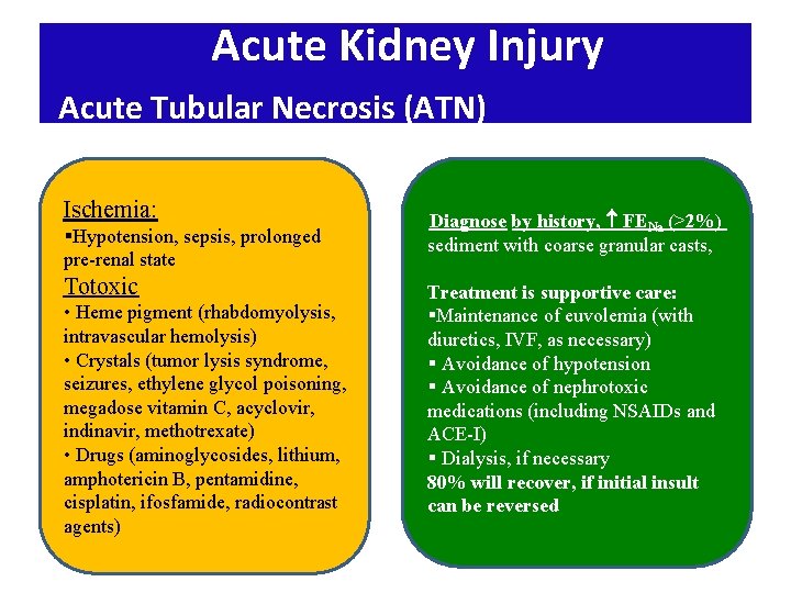 Acute Kidney Injury Acute Tubular Necrosis (ATN) Ischemia: §Hypotension, sepsis, prolonged pre-renal state Totoxic Acute Kidney Injury Acute Tubular Necrosis (ATN) Ischemia: §Hypotension, sepsis, prolonged pre-renal state Totoxic