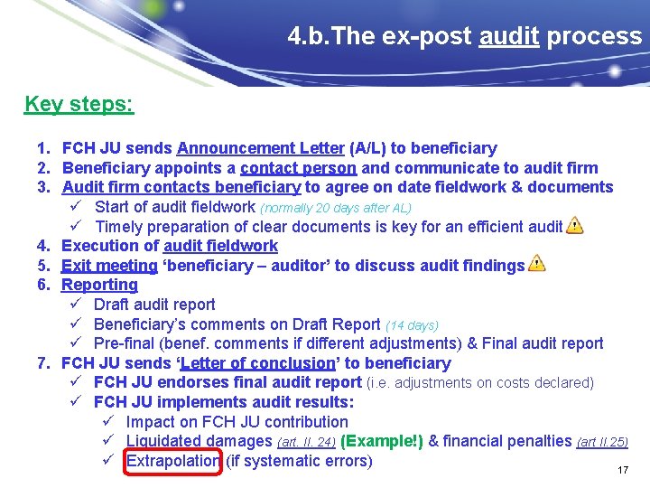 4. b. The ex-post audit process Key steps: 1. FCH JU sends Announcement Letter