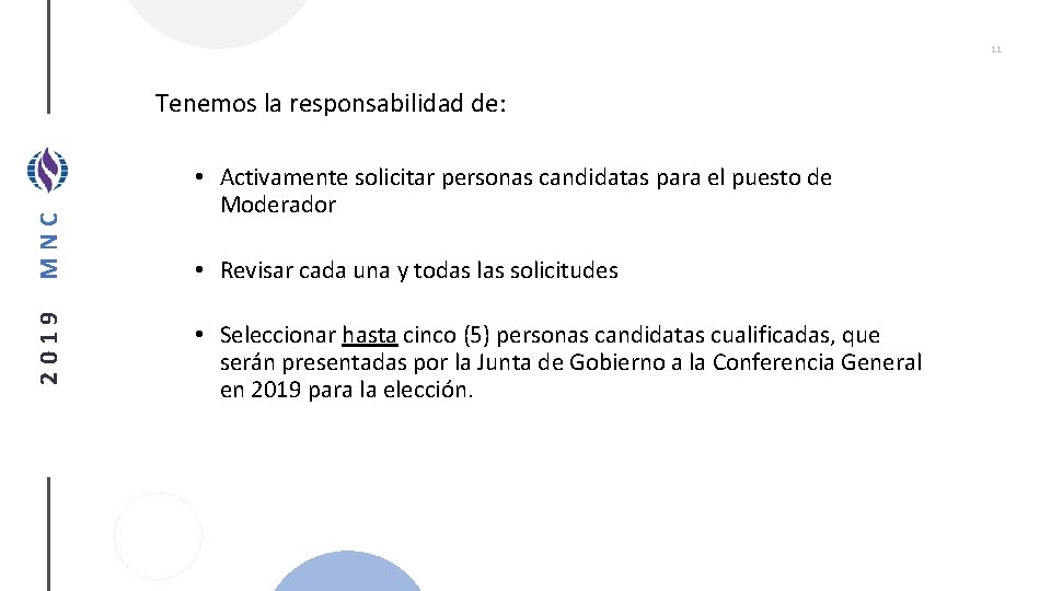 11 2019 MNC Tenemos la responsabilidad de: • Activamente solicitar personas candidatas para el