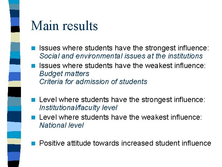 Main results Issues where students have the strongest influence: Social and environmental issues at