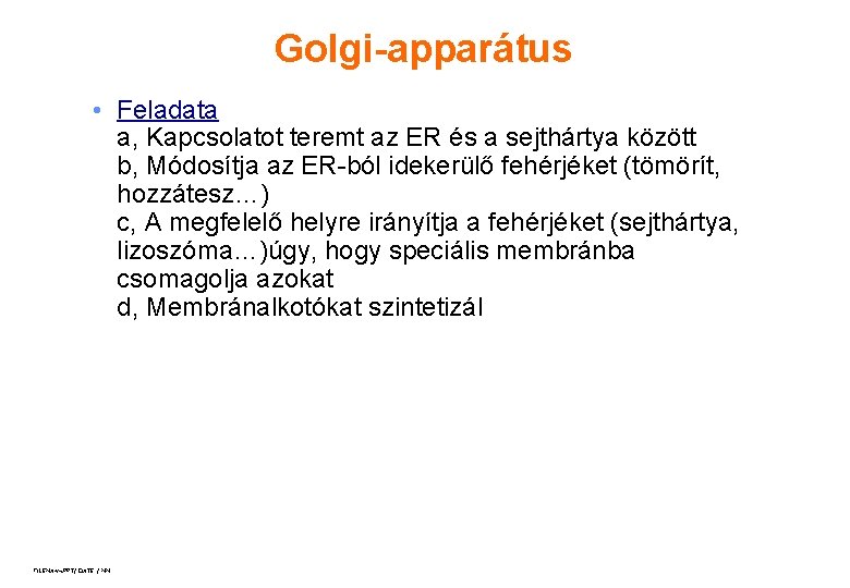 Golgi-apparátus • Feladata a, Kapcsolatot teremt az ER és a sejthártya között b, Módosítja