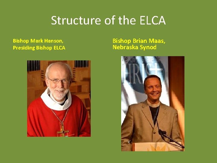 Structure of the ELCA Bishop Mark Hanson, Presiding Bishop ELCA Bishop Brian Maas, Nebraska