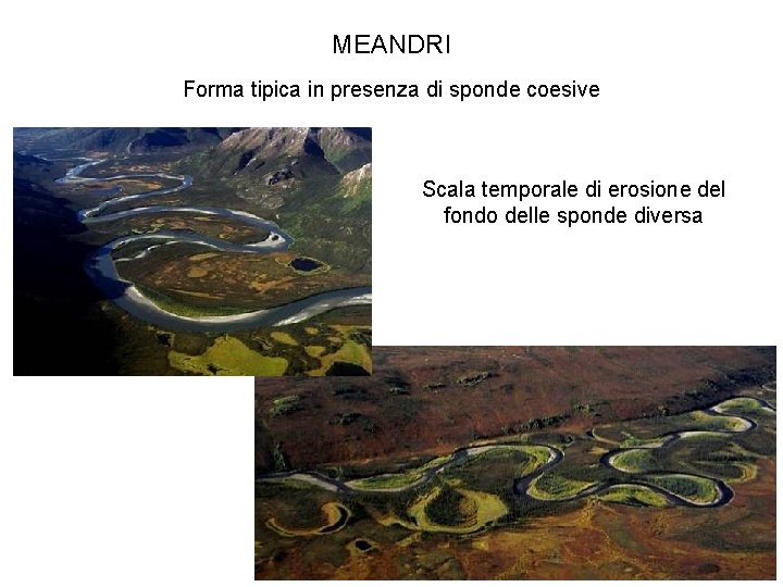 MEANDRI Forma tipica in presenza di sponde coesive Scala temporale di erosione del fondo