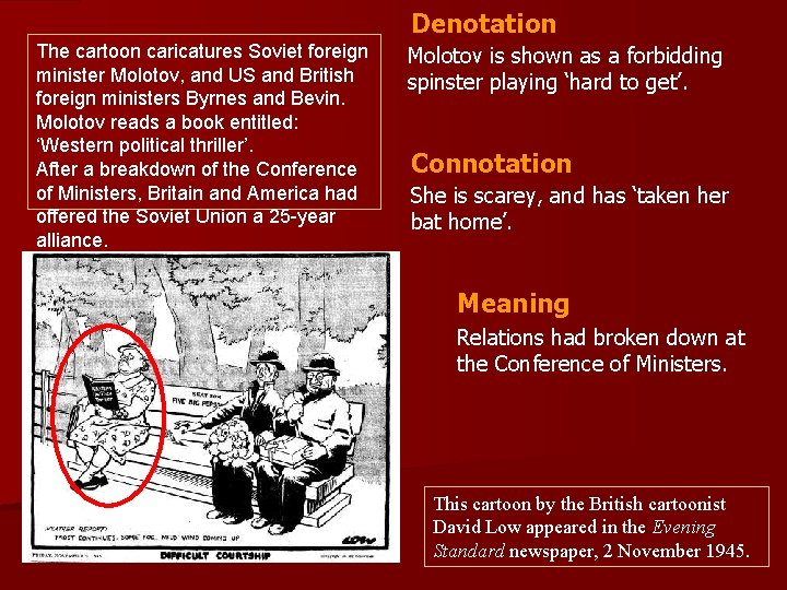 Denotation The cartoon caricatures Soviet foreign minister Molotov, and US and British foreign ministers