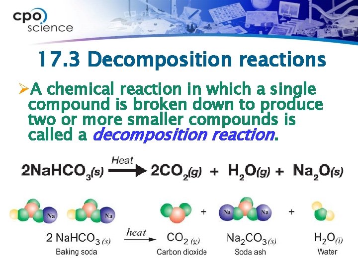 17. 3 Decomposition reactions ØA chemical reaction in which a single compound is broken