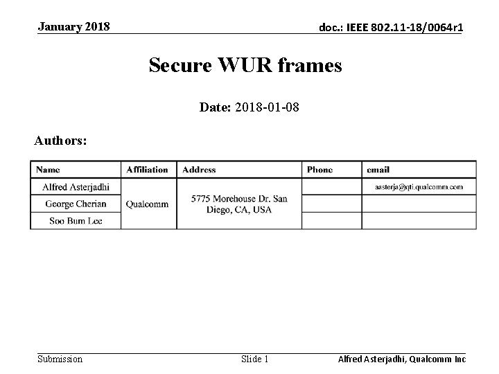 January 2018 doc. : IEEE 802. 11 -18/0064 r 1 Secure WUR frames Date: