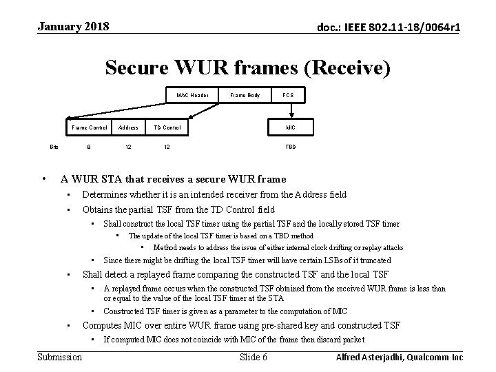 January 2018 doc. : IEEE 802. 11 -18/0064 r 1 Secure WUR frames (Receive)