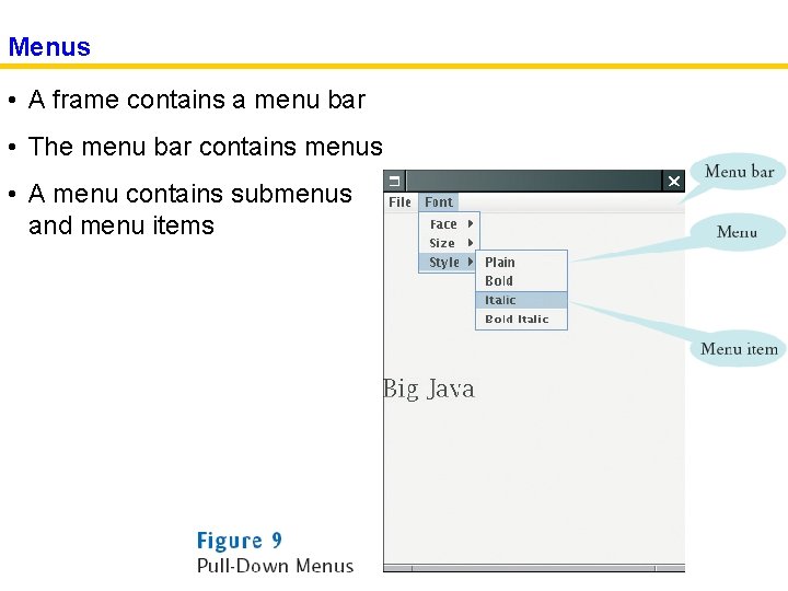 Menus • A frame contains a menu bar • The menu bar contains menus