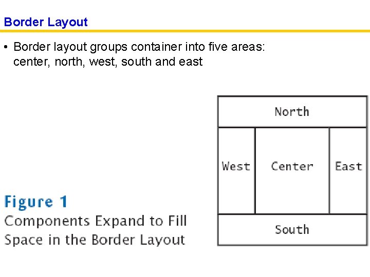 Border Layout • Border layout groups container into five areas: center, north, west, south