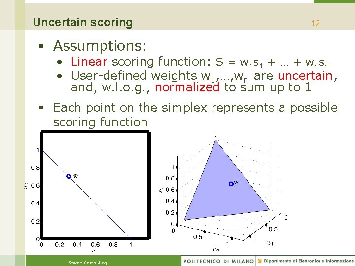 Uncertain scoring 12 § Assumptions: • Linear scoring function: S = w 1 s