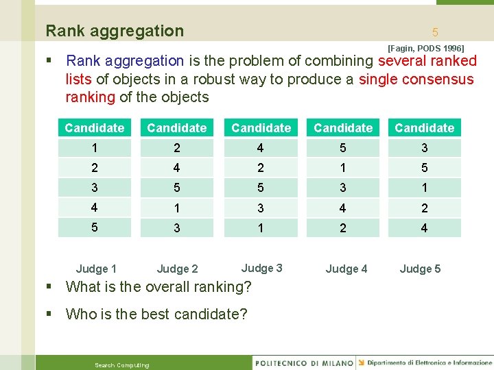Rank aggregation 5 [Fagin, PODS 1996] § Rank aggregation is the problem of combining