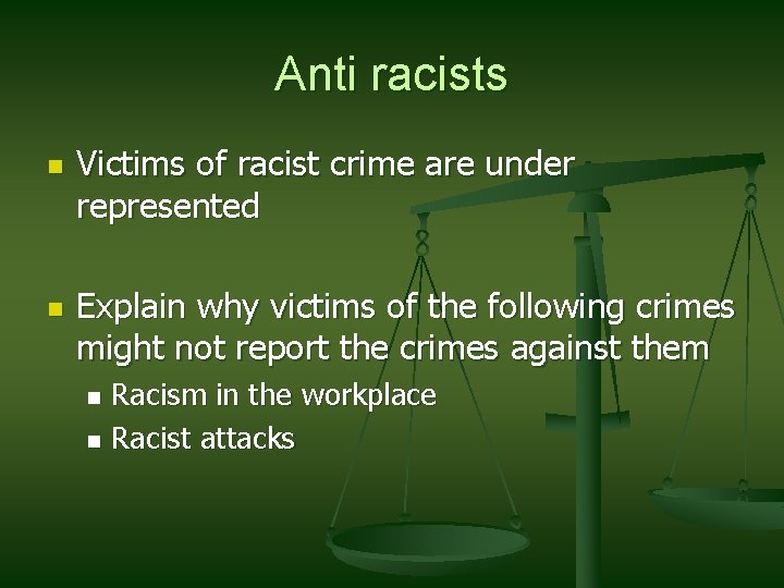 Anti racists n n Victims of racist crime are under represented Explain why victims