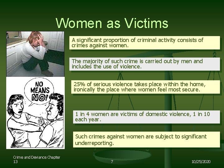Women as Victims A significant proportion of criminal activity consists of crimes against women.
