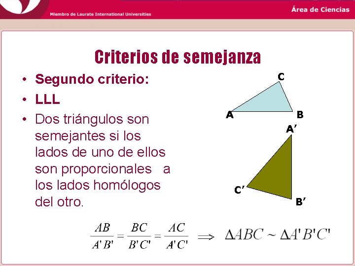 Criterios de semejanza • Segundo criterio: • LLL • Dos triángulos son semejantes si Criterios de semejanza • Segundo criterio: • LLL • Dos triángulos son semejantes si