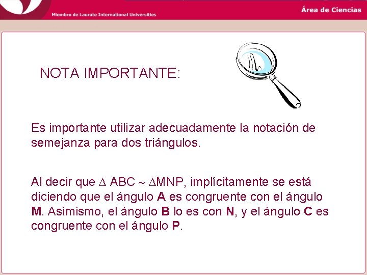 NOTA IMPORTANTE: Es importante utilizar adecuadamente la notación de semejanza para dos triángulos. Al NOTA IMPORTANTE: Es importante utilizar adecuadamente la notación de semejanza para dos triángulos. Al