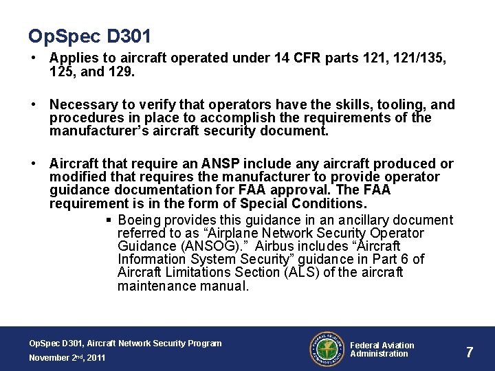 Op. Spec D 301 • Applies to aircraft operated under 14 CFR parts 121,