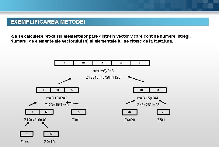 EXEMPLIFICAREA METODEI • Sa se calculeze produsul elementelor pare dintr-un vector v care contine