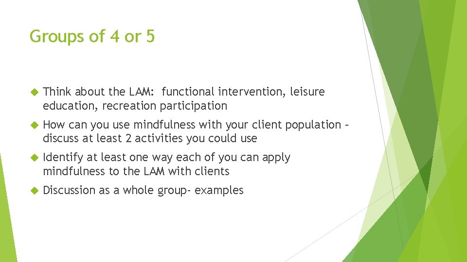 Groups of 4 or 5 Think about the LAM: functional intervention, leisure education, recreation