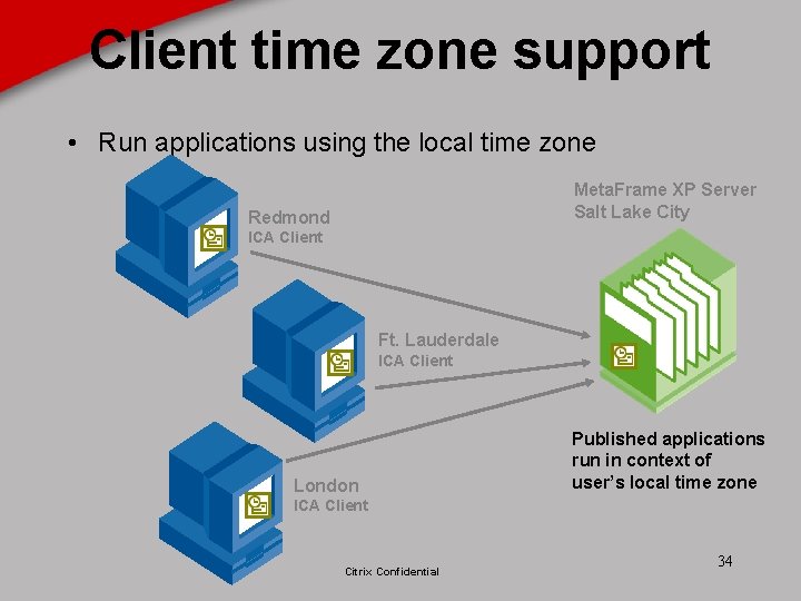 Client time zone support • Run applications using the local time zone Meta. Frame