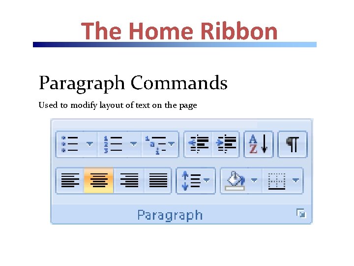 The Home Ribbon Paragraph Commands Used to modify layout of text on the page