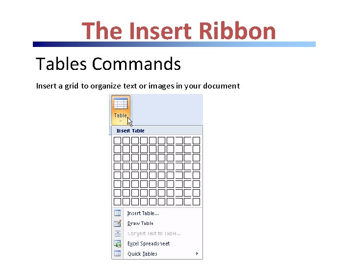 The Insert Ribbon Tables Commands Insert a grid to organize text or images in