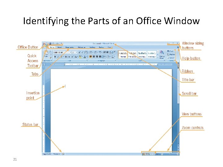 Identifying the Parts of an Office Window • Word program window 2121 Identifying the Parts of an Office Window • Word program window 2121