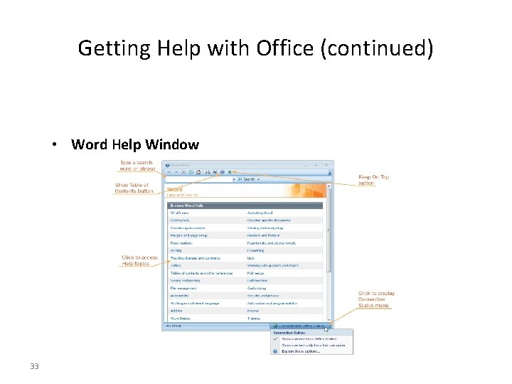 Getting Help with Office (continued) • Word Help Window 3333 