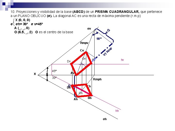 Dv 10. Proyecciones y visibilidad de la base (ABCD) de un PRISMA CUADRANGULAR, que